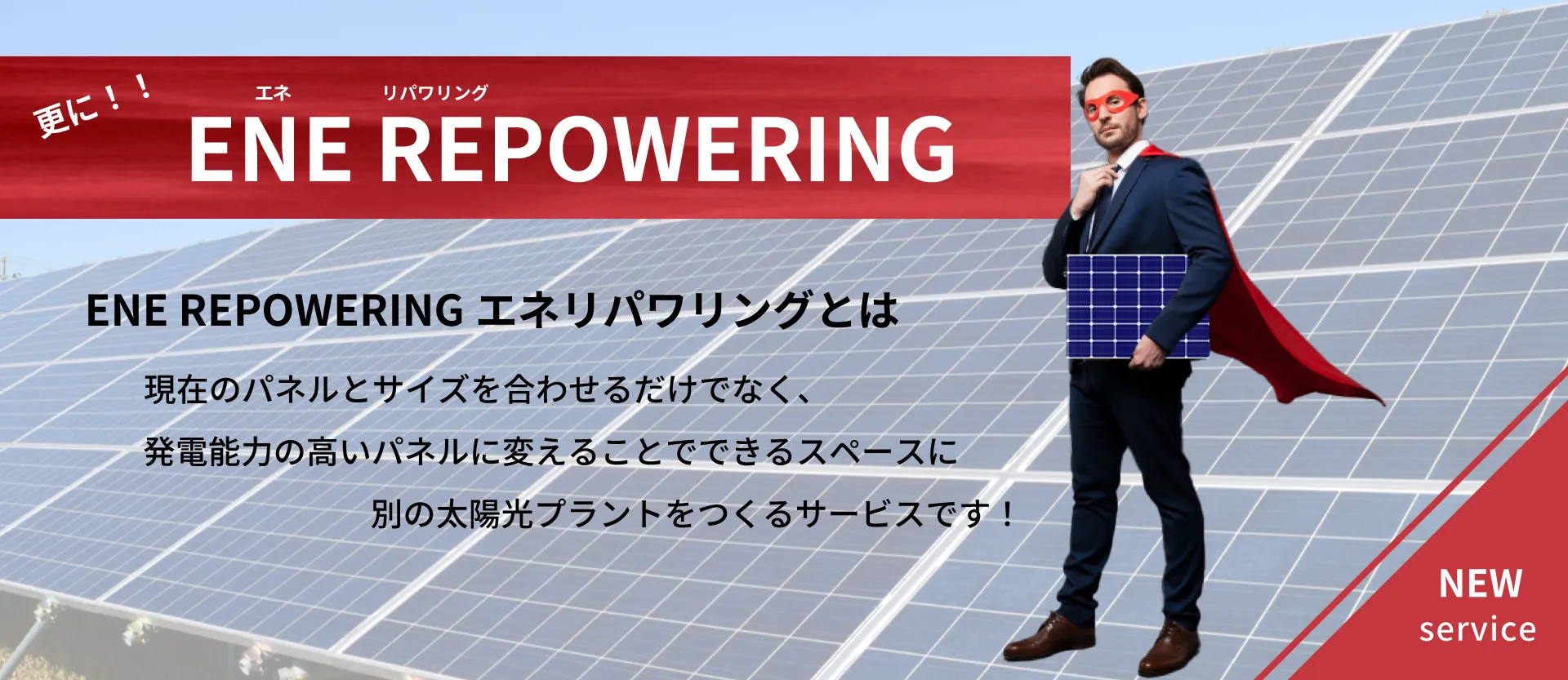 ENE REPOWERRING（エネリパワリング）とは発電能力の高いパネルを導入することで余剰スペースを確保し、新たな太陽光プラントを作るサービスです